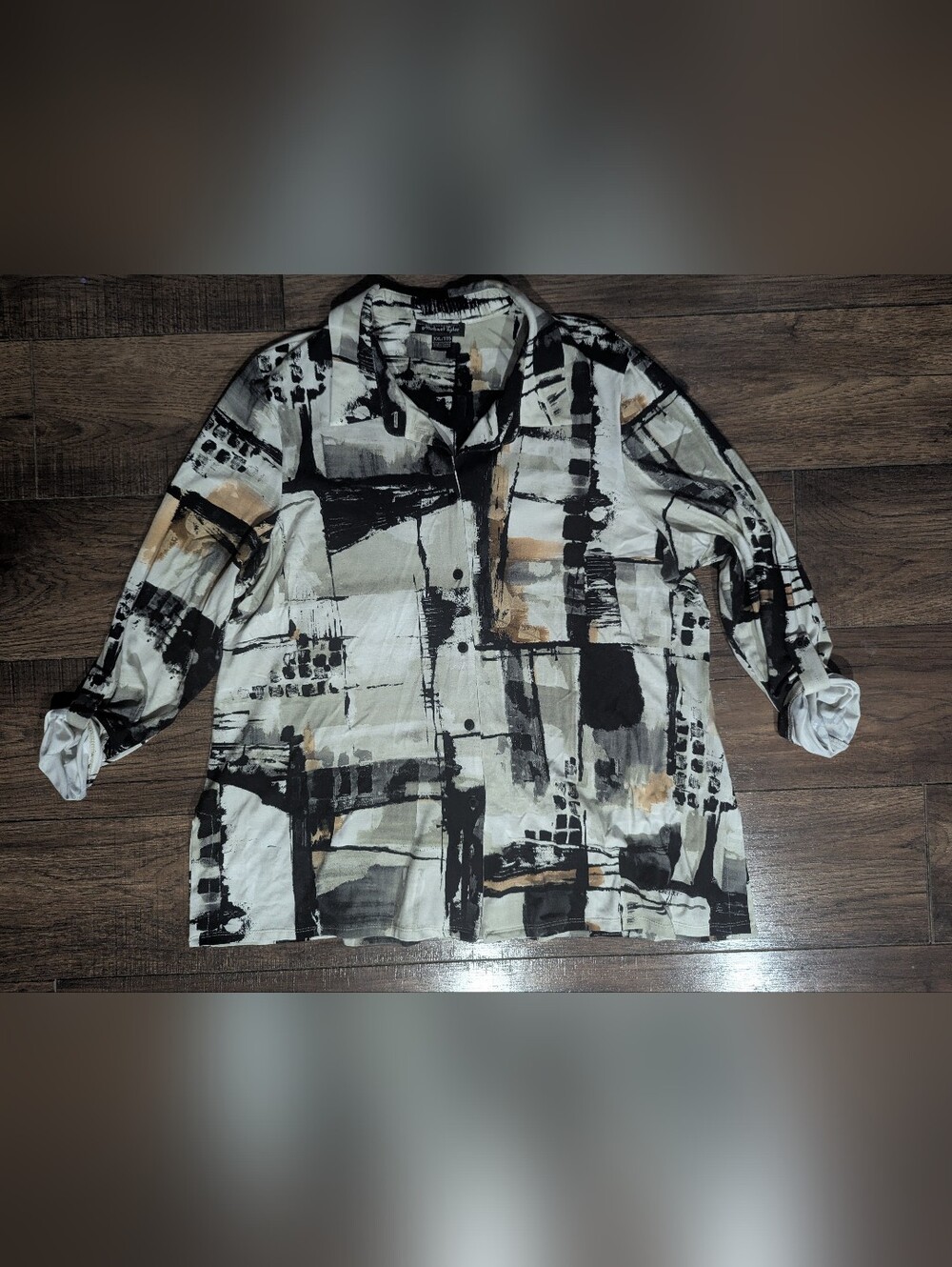 Michael Tyler Women's Black White Tan Abstract Button Down Accent Shacket XXL